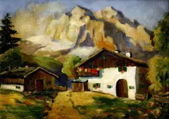 Carl Reiser, Chaty pod Alpami, 1914, olej na dreve