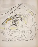 Tsugaru Foujita, Dva akty v prírode, okolo 1920, kresba tušom, akvarelom na papieri