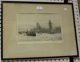Rowland Langmaid, Westminster Palace from the River Thames, monochrome etching