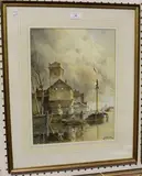 Louis Van Staaten, Dutch Canal Scene with Church, watercolour and gouache