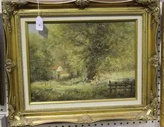 Ted Dyer, Two Children playing near a Cottage in a Woodland, oil on canvas