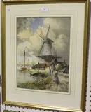 Dutch Canal Scene with Windmill by Louis Van Staaten, watercolour with gouache, sold May 2014