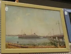 H. Primmer, View of a Ferry at a Pier, probably the Isle of Wight, 1955, oil on canvas-board