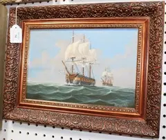 Bernard Page, Seascape with Two Ships, oil on board