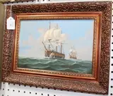 Bernard Page, Seascape with Two Ships, oil on board