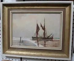 J.D. Hosea, Barges, Evening Light on the Orwell, oil on board
