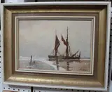 J.D. Hosea, Barges, Evening Light on the Orwell, oil on board