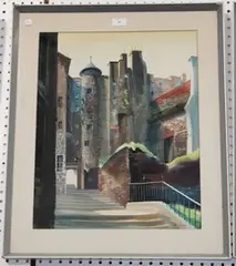 Stanley Jackson, Advocates' Close, Edinburgh' and 'Canterbury Cathedral, Bell Harry Tower from Butchery Lane, a pair of 20th Century watercolours with gouache