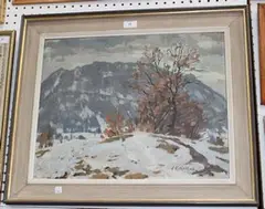 E.K. Roth, Snowy Mountain Scene, oil on board