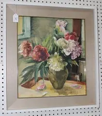 E.K. Roth, Still Life Study of Peonies in a Vase, watercolour