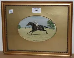 Isaac J. Cullin, Hapsburg' (Oval Study of the Racehorse with Jockey-up), 1914, watercolour