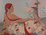 Paul Jacoulet, Woman looking at Birds on a Tree Stump, colour woodblock