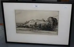 Malcolm Osborne, View of a Castle and Town, monochrome etching
