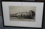 Malcolm Osborne, View of a Castle and Town, monochrome etching