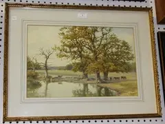 J. Towers, Landscape with Cattle by a Pond, 1921, watercolour