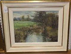 Stephen Hawkins, Country Stream with Sheep in a Field, oil on canvas
