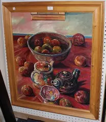 Michael Thompson, Still Life with 2 Teapots & Stoneware Bowl, oil on board