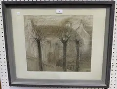 Frederick G. Bull, View of a House through Trees, mixed media including pen and ink