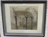 Frederick G. Bull, View of a House through Trees, mixed media including pen and ink
