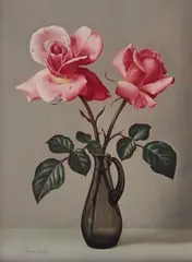 James Noble, Pink Roses in a Smoked Glass Jug, oil on canvas