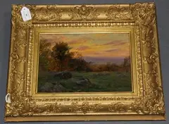 Rex Vicat Cole, Landscape at Sunset with Shepherd and Flock in the distance, oil on panel