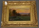 Rex Vicat Cole, Landscape at Sunset with Shepherd and Flock in the distance, oil on panel