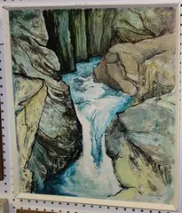 Rena Duthie, View of a Waterfall, oil on board with sgraffito