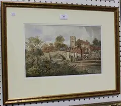 Sidney Goodwin, View of a Bridge, River and Village, 1914, watercolour and gouache