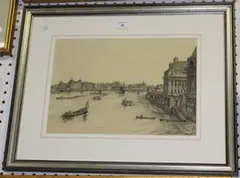 Douglas Ian Smart, View along the Thames towards Hungerford Bridge, pencil drawing