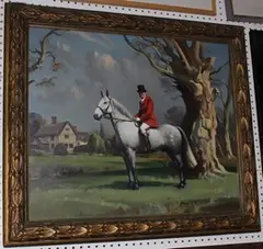 John R. Townsend, Portrait of a Huntsman on a Dapple Grey Horse, a Country Home beyond, mid/late 20th Century oil on canvas