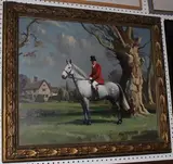 John R. Townsend, Portrait of a Huntsman on a Dapple Grey Horse, a Country Home beyond, mid/late 20th Century oil on canvas