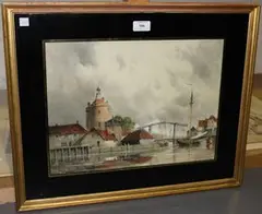 L. van Staaten, Dutch Canal Scene, possibly Rotterdam, watercolour and gouache