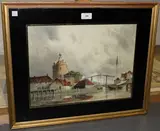 L. van Staaten, Dutch Canal Scene, possibly Rotterdam, watercolour and gouache
