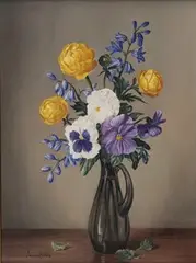 James Noble, Trollius, Bluebells & Pansies, oil on canvas