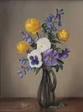 James Noble, Trollius, Bluebells & Pansies, oil on canvas