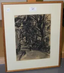 Figure walking in a Parkland by Karl Kröner, charcoal drawing, sold Jan 2014