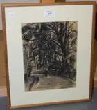 Karl Kröner, Figure walking in a Parkland, charcoal drawing