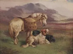 R. Cleminson, Two Dogs and a Pony within a Landscape, oil on canvas