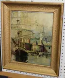 Franz Busemann-Sticher, Hafen im Süden mit Segler, oil on board