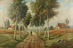 Jos. Nic. De Vuyst, Landscape with Figure walking along a Tree-lined Road towards Cottages and a Windmill, oil on canvas