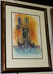 Lindsey Pearson, View of a Venetian Doorway with Moored Gondolas outside, 2012, watercolour