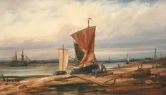 Richard Henry Nibbs, View of an Estuary with Fisherman on the Bank beside a Beached Boat, oil on canvas