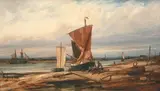 Richard Henry Nibbs, View of an Estuary with Fisherman on the Bank beside a Beached Boat