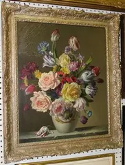 Wilf Walker, Still Life Study of Tulips, Roses and other Flowers in a Porcelain Vase, oil on canvas