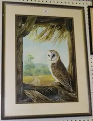 David Barber, Study of a Barn Owl with Sussex Countryside beyond, watercolour