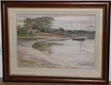 J.E. Souter, Evening at Pin Mill, River Orwell, oil on board