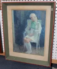 K. Roberts, Full Length Portrait of a Young Woman seated in a Chair, oil on board