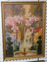 Guy Lipscombe, View of a Garden, Fountain and House, oil on canvas-board