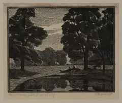 Gwen Raverat, Les ormes pris d'un étang, monochrome woodcut