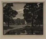 Gwen Raverat, Les ormes pris d'un étang, monochrome woodcut